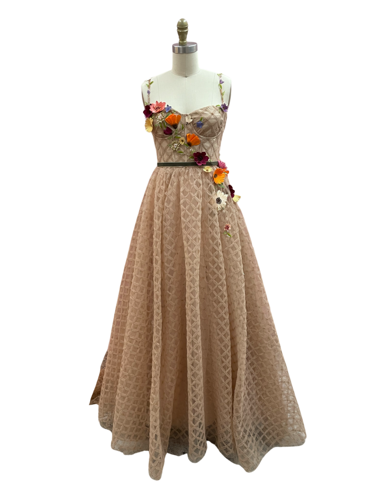GARDEN 3D FLOWER Embroidered Beige Evening Gown