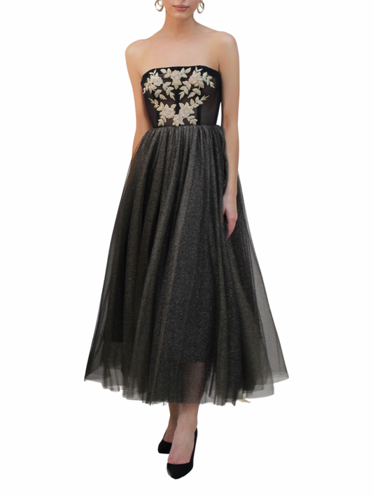MIDI BLACK GOLD Embroidery Tulle Dress